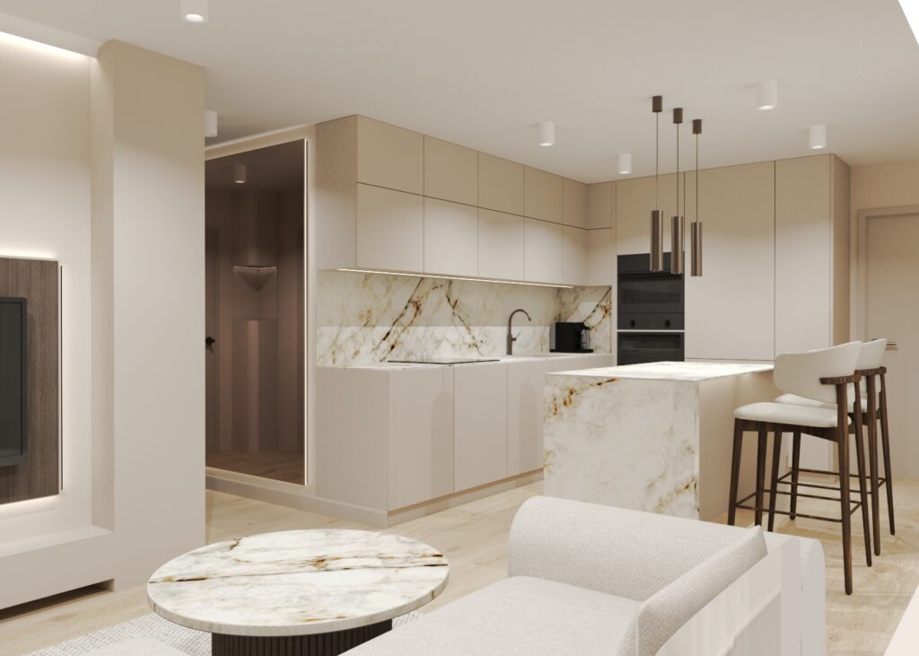 Nowoczesna kuchnia w jasnych kolorach z wyspą kuchenną wykończoną marmurem w złote żyły, beżowymi szafkami i czarnymi akcentami. W tle widać salon z białą sofą i okrągłym stolikiem kawowym z marmurowym blatem.