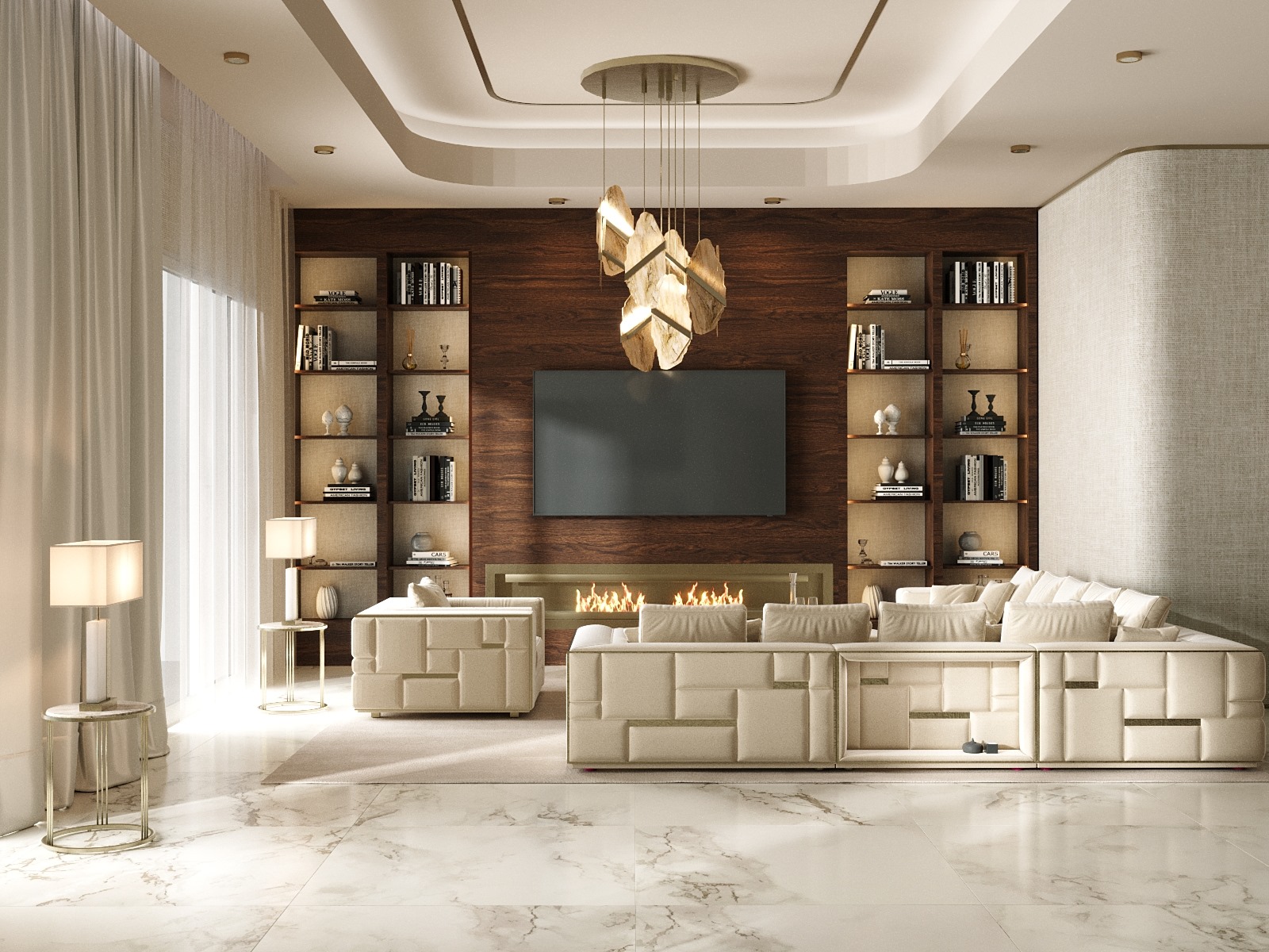 Luksusowy salon z białą skórzaną sofą, drewnianą ścianą z wbudowanymi półkami na książki i telewizorem oraz kominkiem. Wnętrze ma marmurową podłogę, wysokie białe sufity z dekoracyjnym żyrandolem i duże okna z zasłonami.