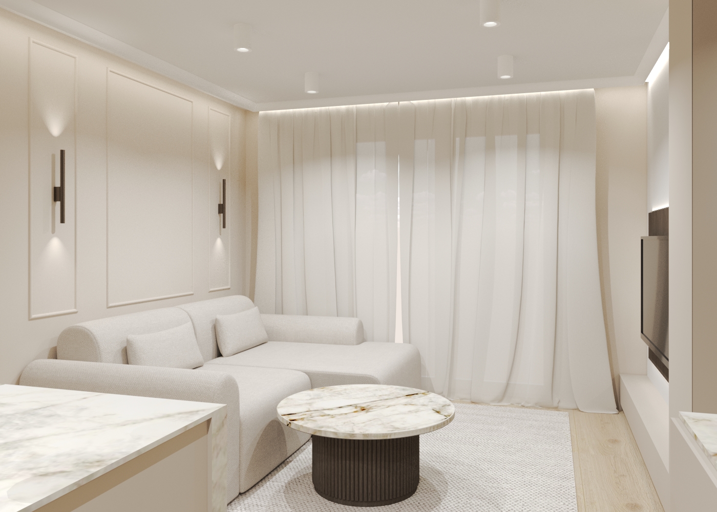 Nowoczesny salon w jasnych, neutralnych kolorach z beżową sofą narożną, okrągłym stolikiem kawowym z marmurowym blatem i białymi zasłonami. Pomieszczenie ma minimalistyczny design z ukrytym oświetleniem LED w suficie i eleganckim wykończeniem ścian.