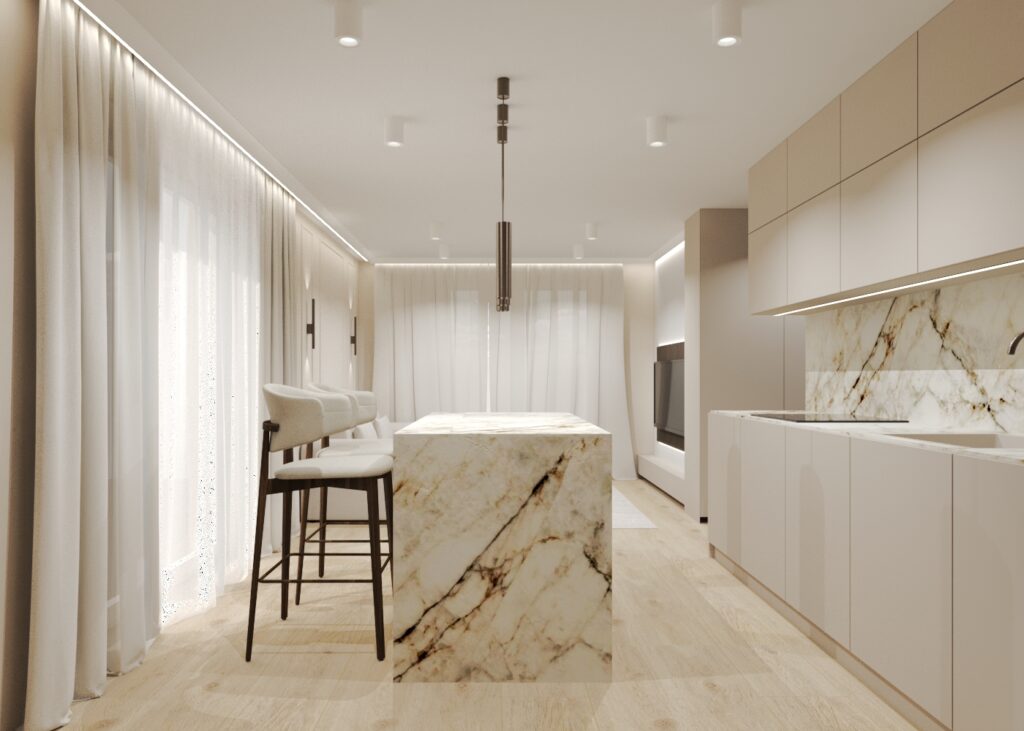 Nowoczesna kuchnia w jasnych kolorach z wyspą kuchenną wykonaną z białego marmuru z żółtymi żyłkami i białymi meblami kuchennymi. Po lewej stronie znajdują się duże okna zasłonięte białymi zasłonami, a przy wyspie stoją dwa białe hokery.