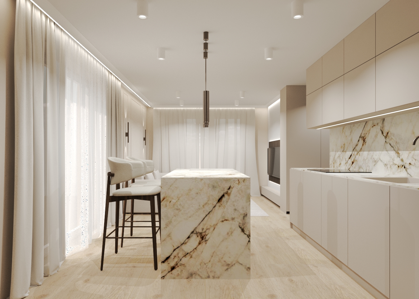 Nowoczesna kuchnia w jasnych kolorach z wyspą kuchenną wykonaną z białego marmuru z żółtymi żyłkami i białymi meblami kuchennymi. Po lewej stronie znajdują się duże okna zasłonięte białymi zasłonami, a przy wyspie stoją dwa białe hokery.