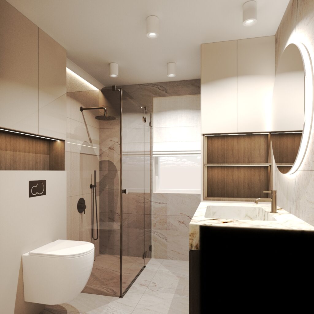 Nowoczesna łazienka z beżowo-białą kolorystyką, wyposażona w kabinę prysznicową ze szklanymi ściankami, wiszącą toaletę oraz umywalkę z czarną szafką. Wnętrze charakteryzuje się minimalistycznym designem z okrągłym lustrem, drewnianymi akcentami i eleganckim oświetleniem LED.