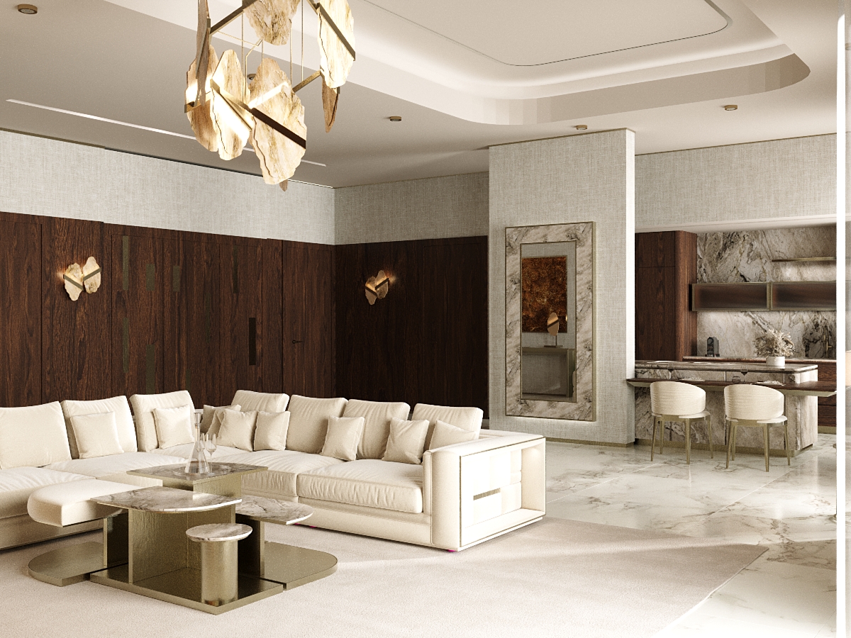 Luksusowe wnętrze salonu z białą narożną sofą, marmurowymi podłogami i ścianami wyłożonymi ciemnym drewnem. W tle widoczna kuchnia z wyspą oraz elegancki żyrandol z kryształowymi elementami.