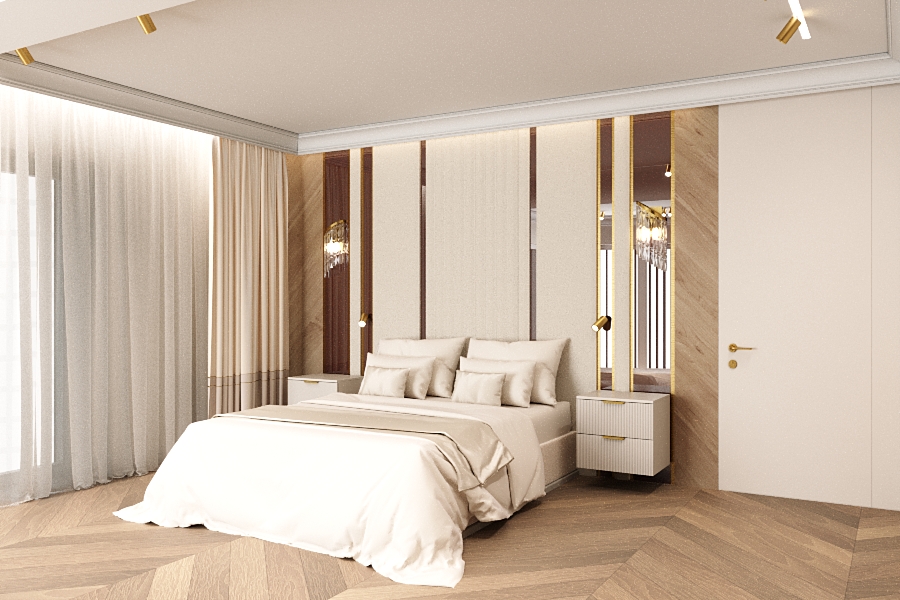 Nowoczesna sypialnia w jasnych, beżowych tonach z dużym łóżkiem, eleganckimi zasłonami i drewnianą podłogą. Ściana za łóżkiem ozdobiona jest pionowymi panelami w odcieniach beżu i brązu, a w rogu znajduje się lustro w złotej ramie.